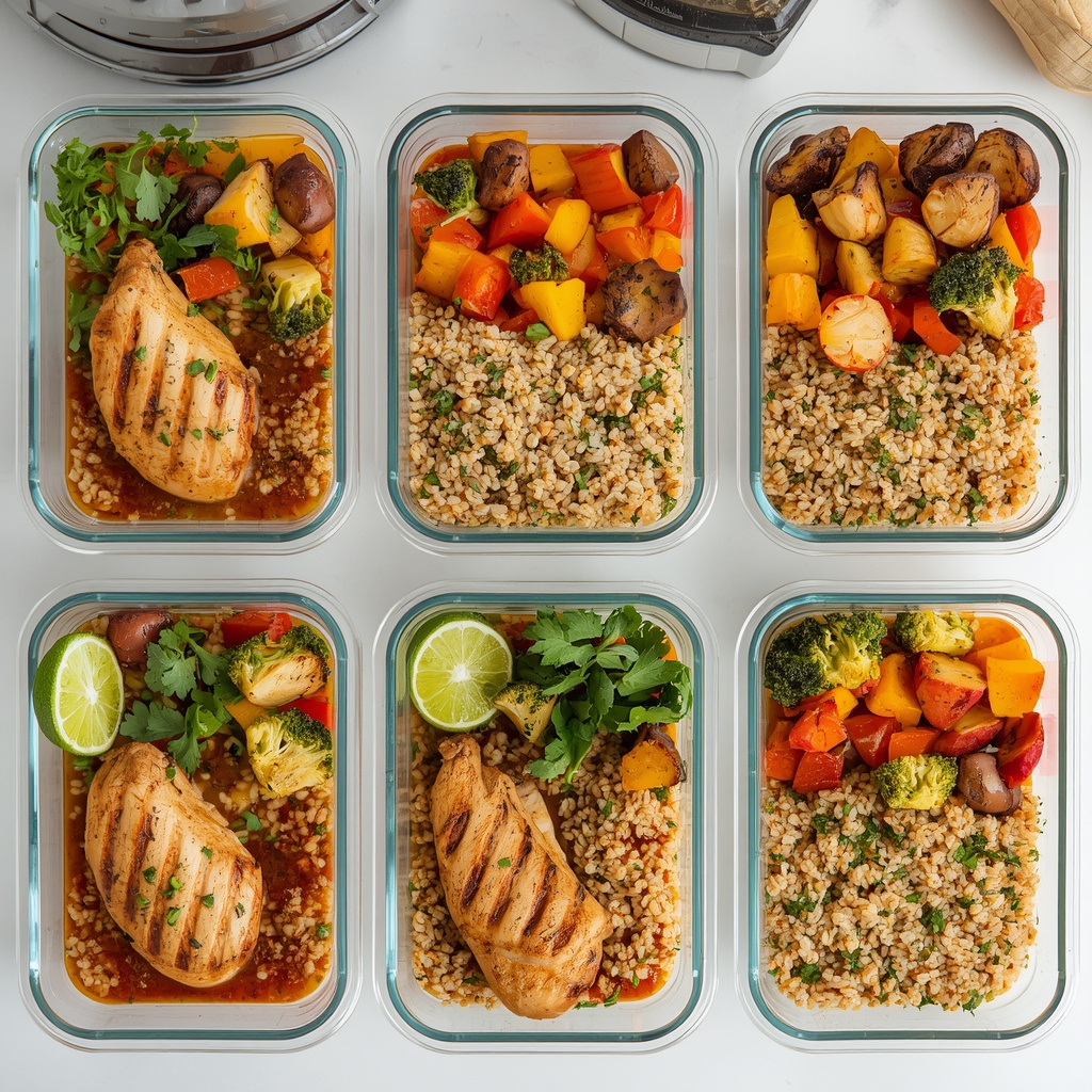 A neatly arranged weekly meal prep station with glass containers filled with colorful balanced meals, grilled chicken, quinoa, roasted vegetables, and fresh herbs, clean modern kitchen setting